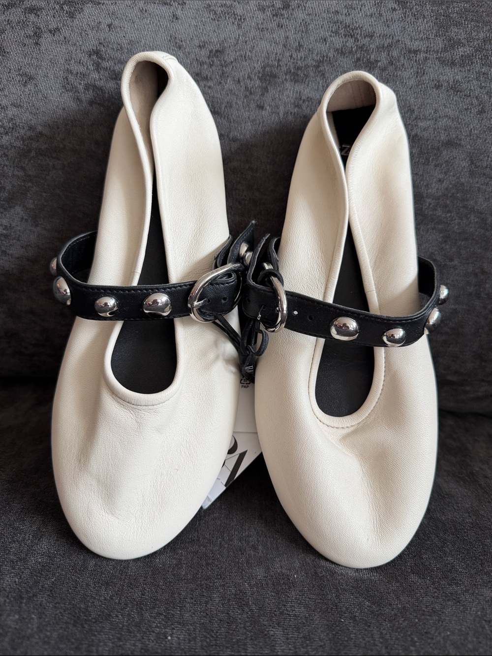 NWT Zara off white leather Mary Jane’s with studded straps 7.5